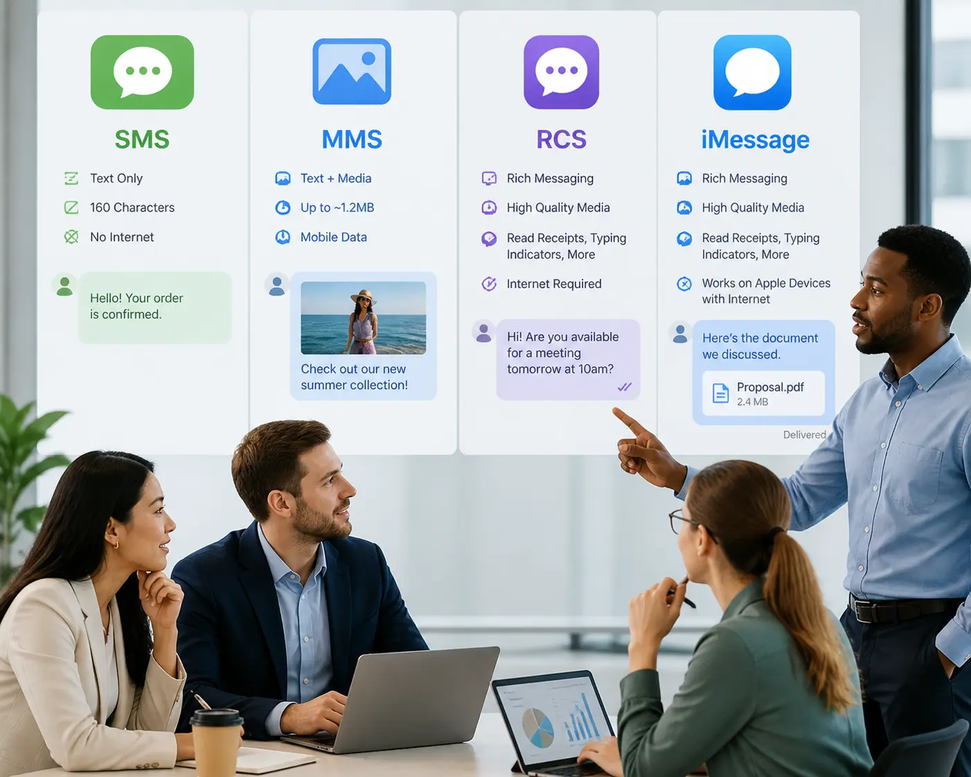 SMS vs MMS vs RCS vs iMessage: The 2026 Business Messaging Comparison