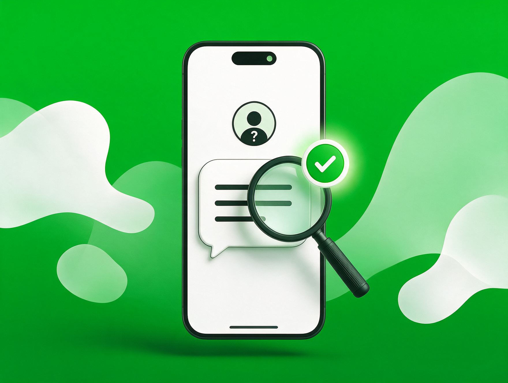 Smartphone with an unknown text and a magnifying glass verifying the sender